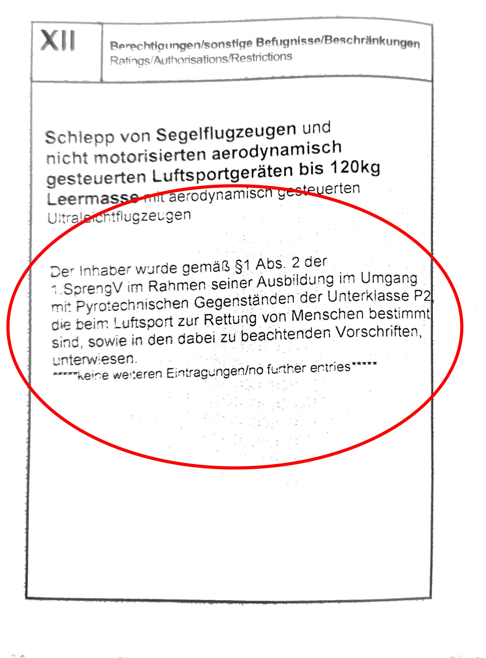 Beispiel Pyrotechnischer Eintrag in DULV/DAeC Lizenz